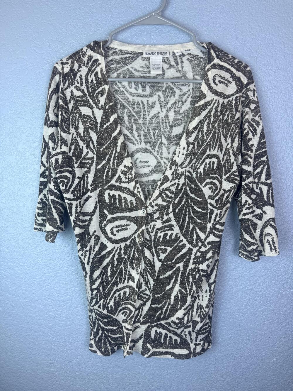 Nomadic Traders Cardigan Sweater Womens Large Brown Floral Button 3/4 Sleeve